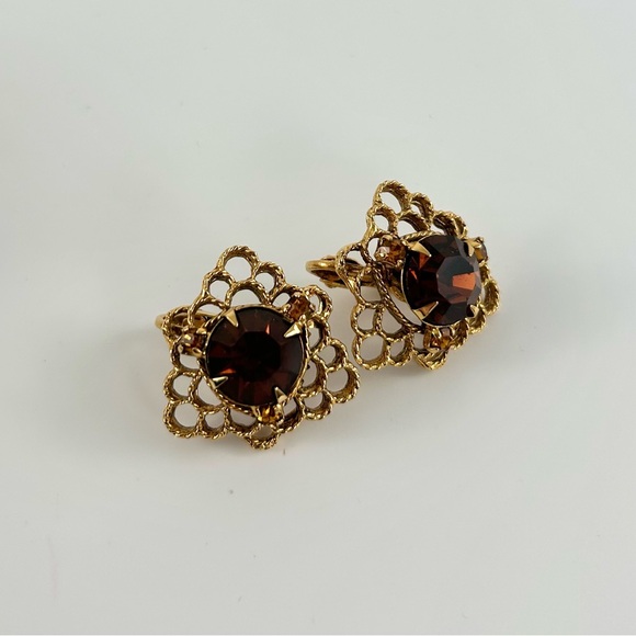 3 for $30 Vintage Brown Synthetic Rhinestone Crystal Clip On Earrings - Picture 1 of 5